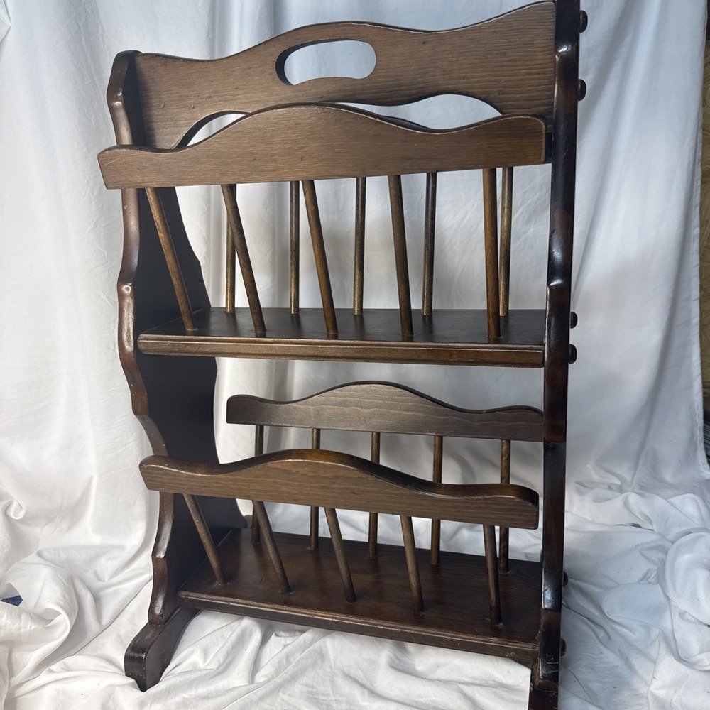 Vintage 2 Tier Floor Magazine Wood Rustic Spindle Rack Storage Cottage Core MCM